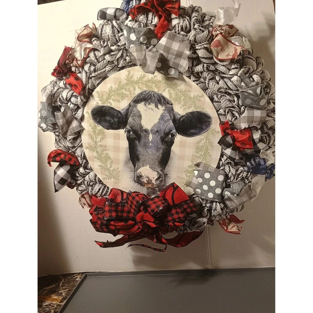 Handmade Cow Wreath Unisex Large Black White Excellent Farmhouse Plaid Mesh